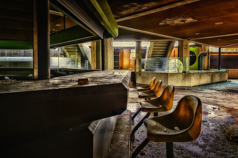 counter, bar, bar stool, stool, gastronomy, abandoned places, lost places, pforphoto, dark, past
