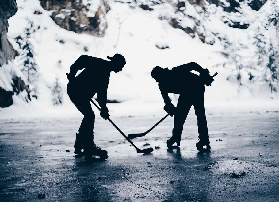 deportes, hockey, hockey sobre hielo, nieve, cara a cara, disco, palo de hockey, hielo, invierno, frío