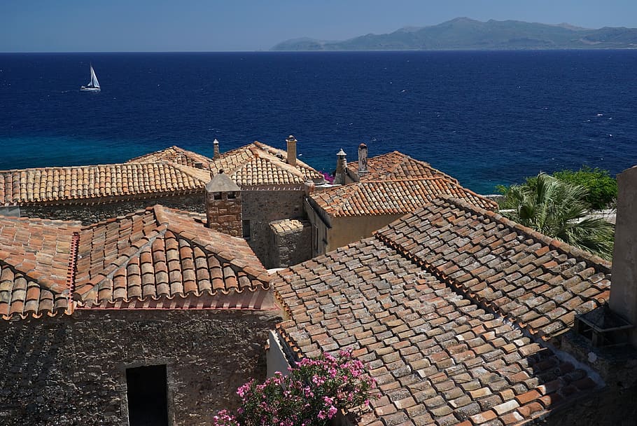 monemvasia, monument, greece, summer, sea, holidays, holiday, the roofs, the old town, the sail