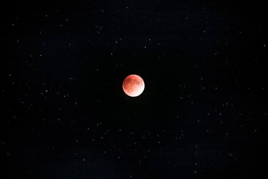 red, moon, star, clear, sky, black, bright, clear sky, detail, glow