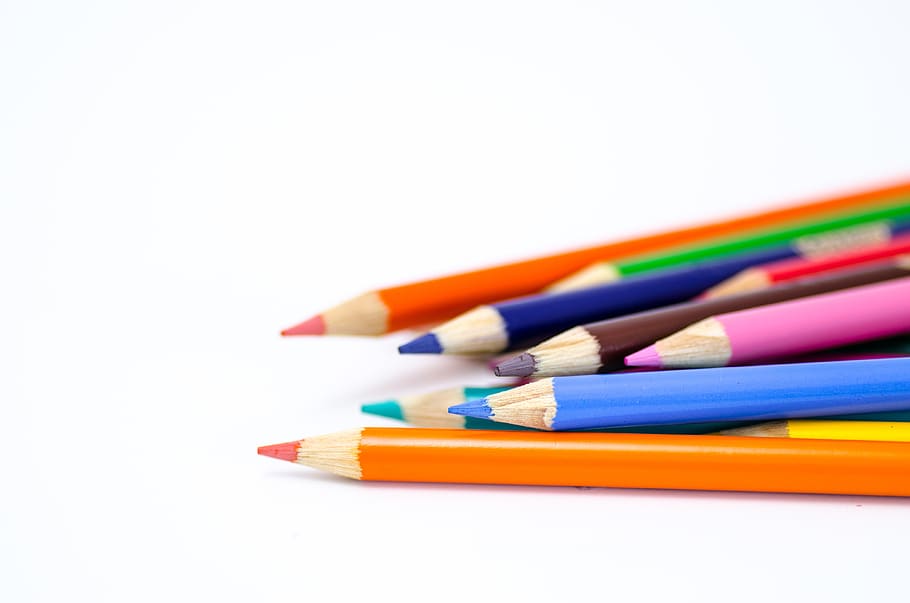 office supplies, colored pencil, pencils, colours, multi colored, white background, studio shot, variation, close-up, choice
