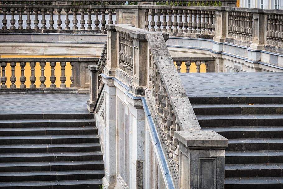 railing, stairs, gradually, castle park, baroque, staircase, emergence, stair step, stone stairway, rise