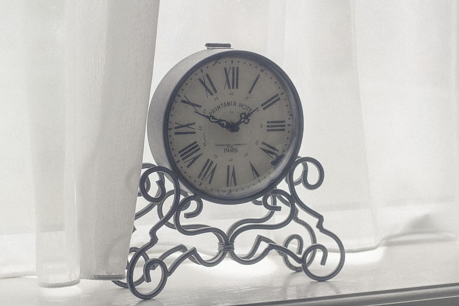 jam, waktu, dekorasi, putih, gorden, jam muka, jarum menit, di dalam ruangan, tidak ada orang, jarum jam