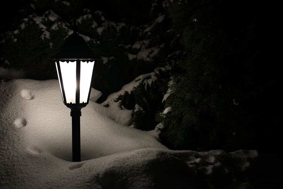 lantern, winter, darkness, snow, snowfall, light, dark, nature, cold, illuminated