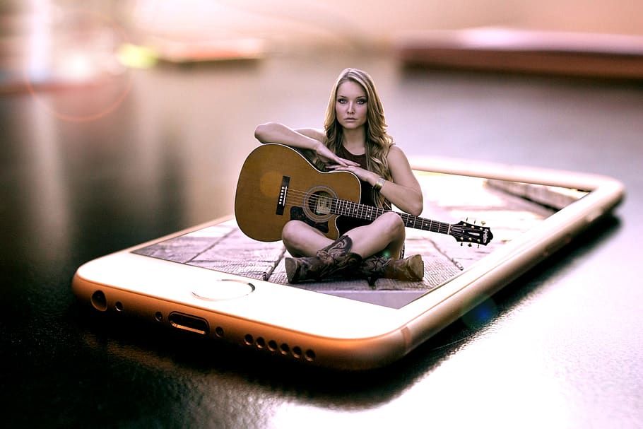 pop out, mobile, phone, guitar, woman, fantasy, girl, manipulation, female, graphic design