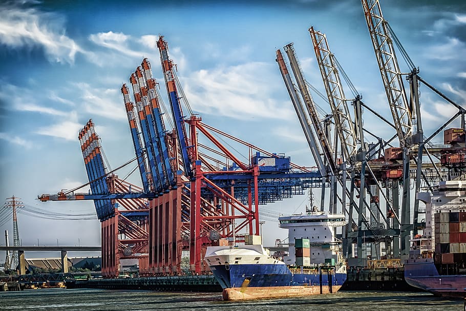 hamburg, port, terminal, cranes, container terminal, container platform, container handling, harbour cranes, container ship, shipping