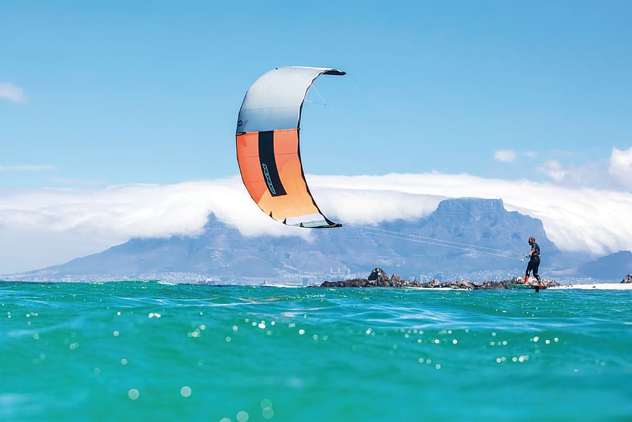 kite surfing, kitesurfing, sea, water sports, summer, sky, water, mountains, turquoise, movement