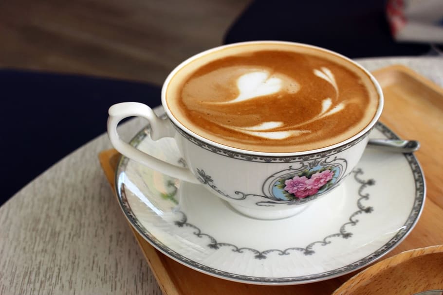 hot, latte coffee, heart art, classical, porcelain cup, saucer, coffee, heart, art, vintage