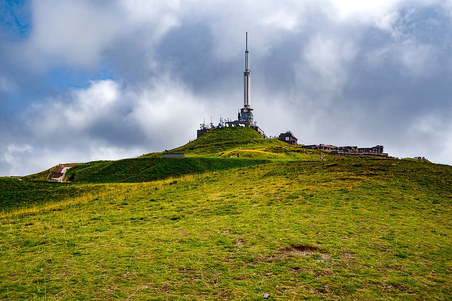 television transmitter, emitter, antenna, volcano, mountain, puy de dome, france europe, built structure, architecture, sky