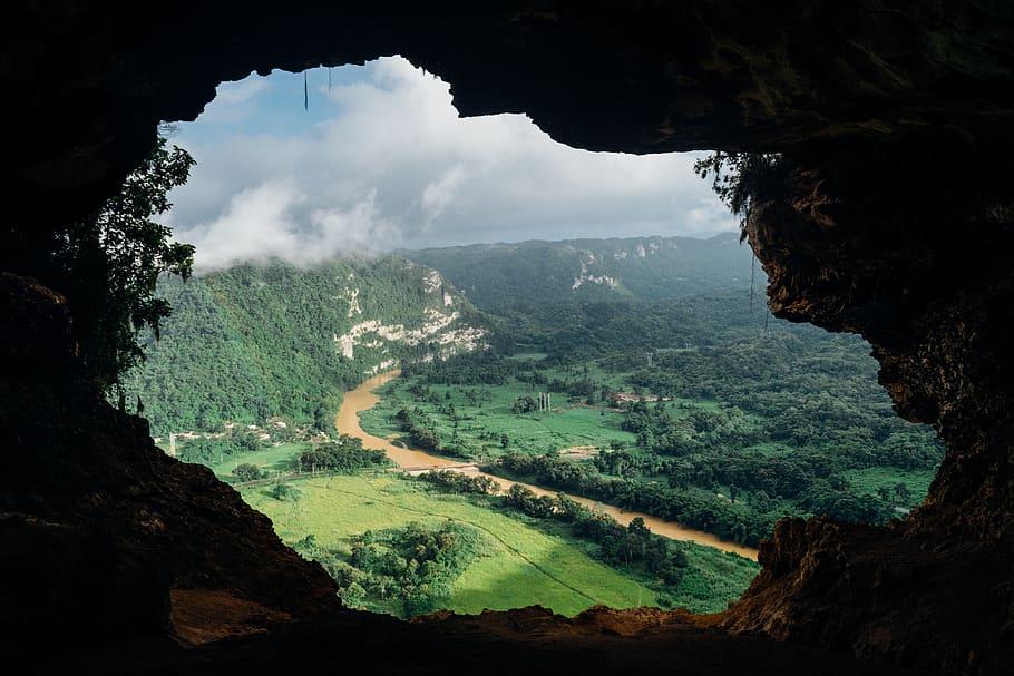 cave, view, river, valley, out of, stream, water, nature, rock, landscape