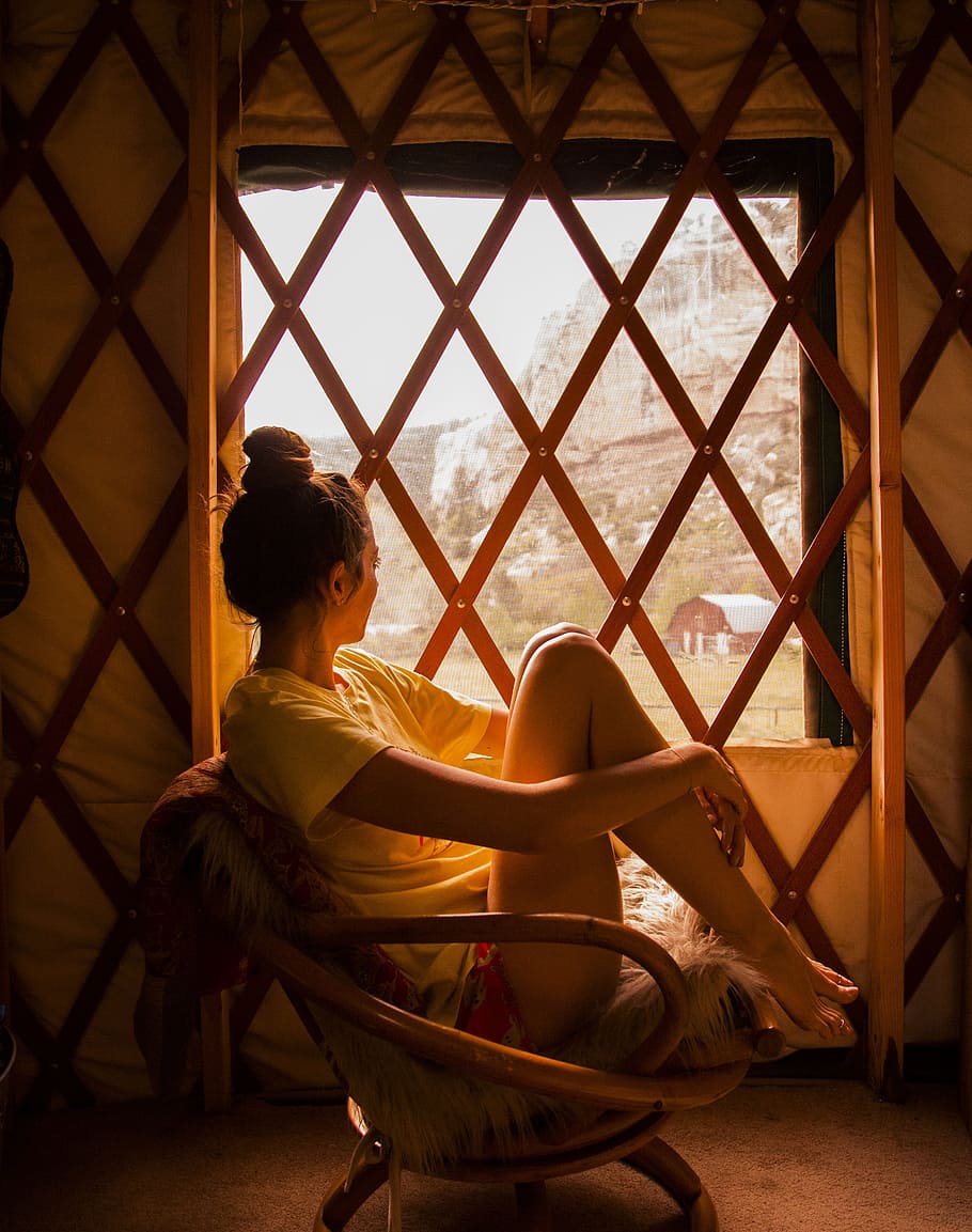 woman, window, warm, snow, indoors, chair, t shirt, young, female, people