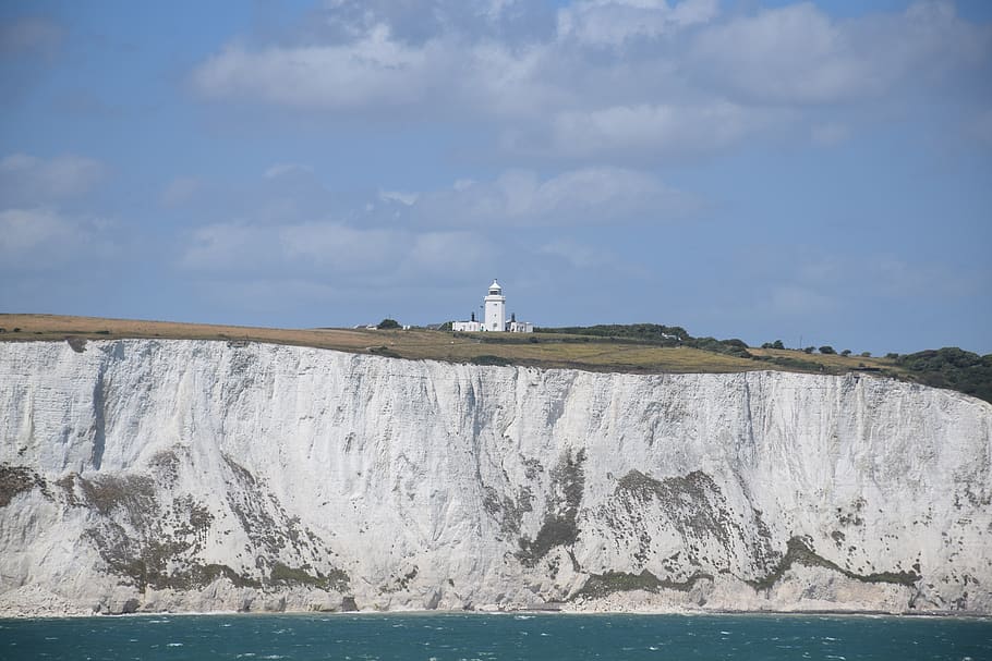 dover, lighthouse, white, rocks, great britain, england, ferry, beach, nature, sky