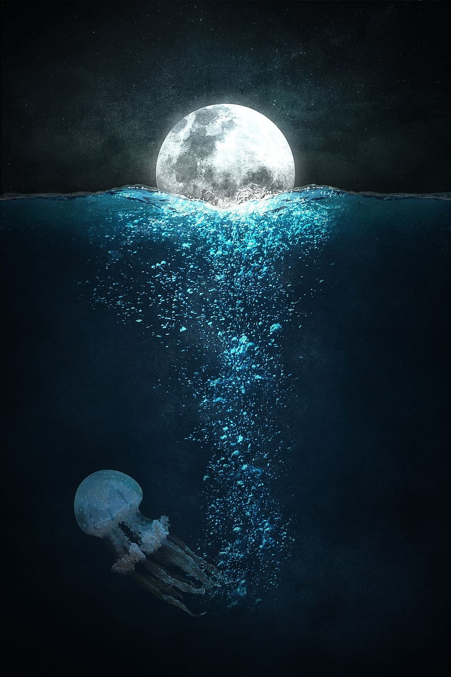 full, moon, glowing, sea, water, ocean, deep, blue, nature, underwater