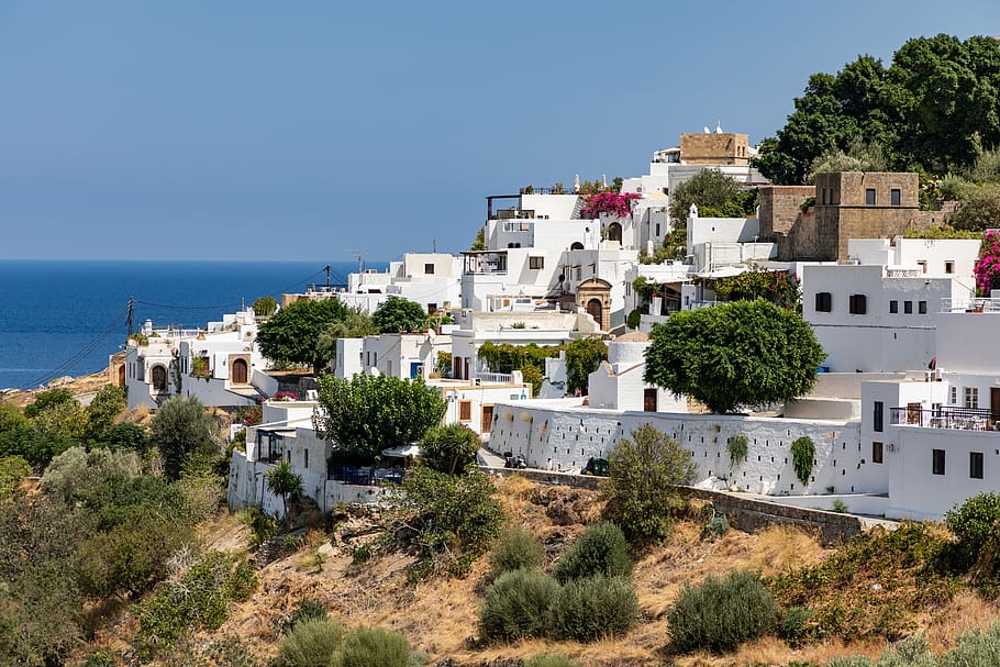 greece, rhodes, lindos, landscape, sea, greek, tourism, building, architecture, seascape