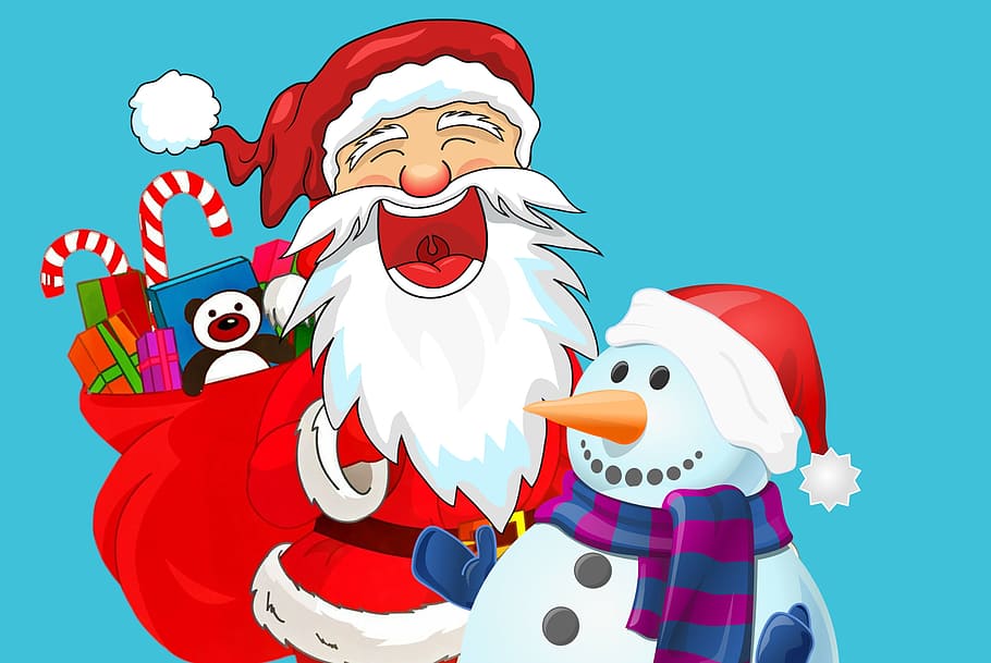 ilustração, rindo, papai noel, feliz, boneco de neve., natal, presentes, saco de gelo, saco, celebração