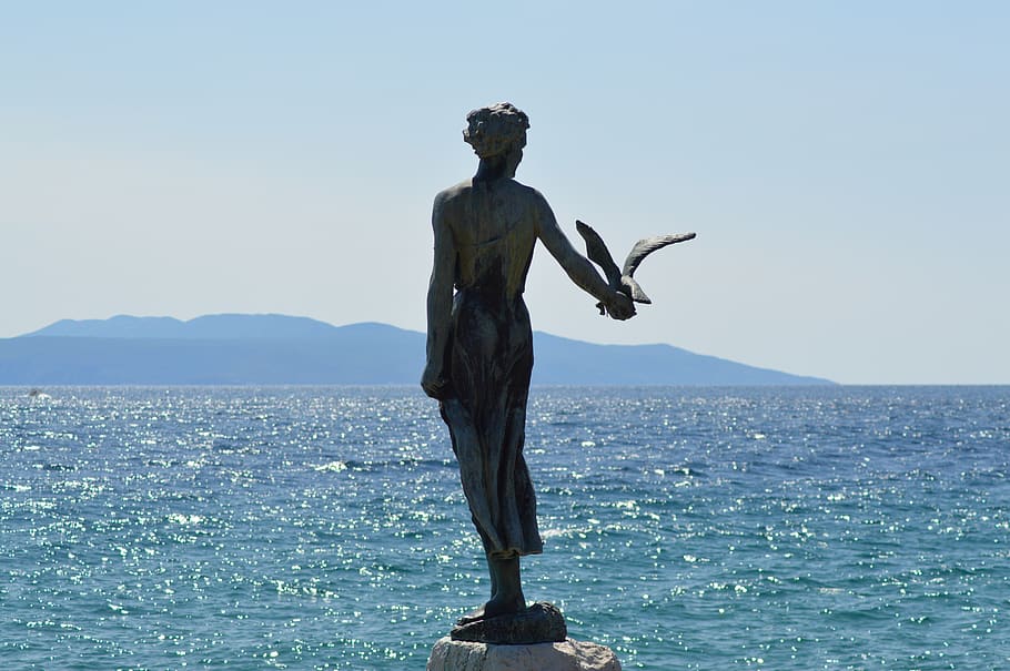 opatija, croatia, sea, adria, statue, water, mountains, blue, nature, seagull