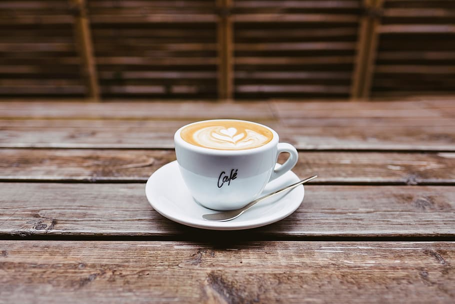 latte art, café, caffe latte, cappuccino, copo, café expresso, leite, ao ar livre, colher, mesa