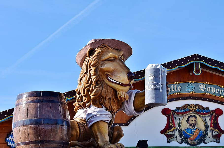 lion, figure, beer mug, barrel, oktoberfest, beer tent, year market, decoration, folk festival, fair