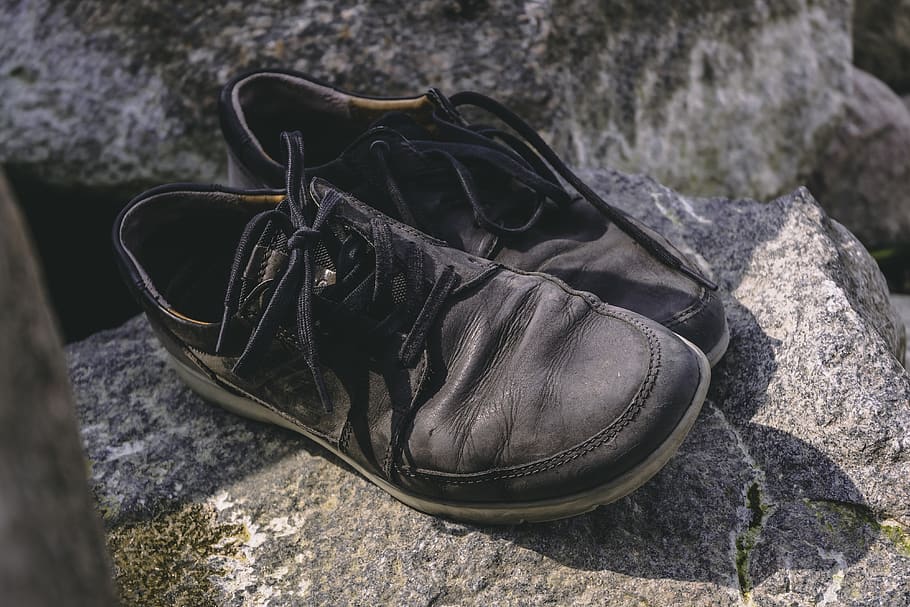 sapatos, velho, usado, preto, couro, caminhada, Rocha, pedra, calçados, sapato