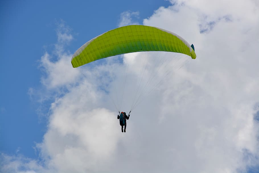 paragliding, paraglider, veil yellow green, hobbies, adventure, sport, air, nature, cloudy sky, landscape