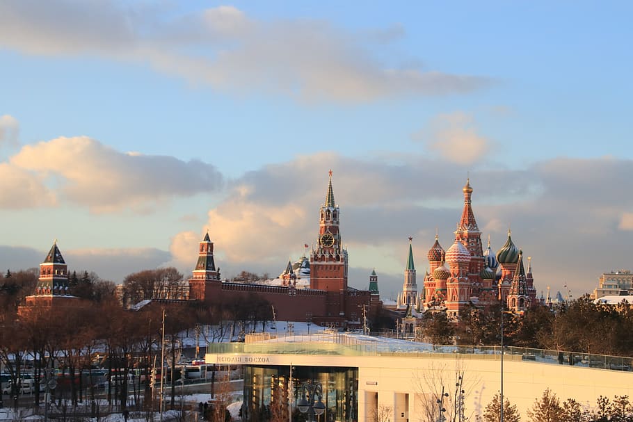 moscow, sunset, river, the kremlin, charge, landscape, sky, clouds, temple, built structure