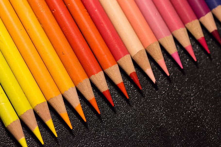 colorful, pens, paint, colored pencils, color, colour pencils, crayons, yellow, red, pink