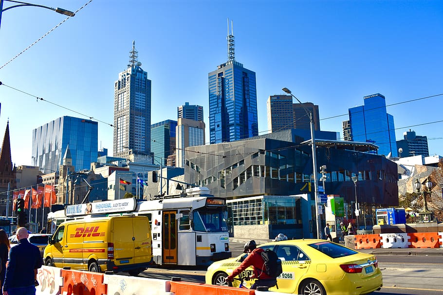 Melbourne, Australia, ciudad, horizonte, cielo, metro, taxi, coche, amarillo, tráfico