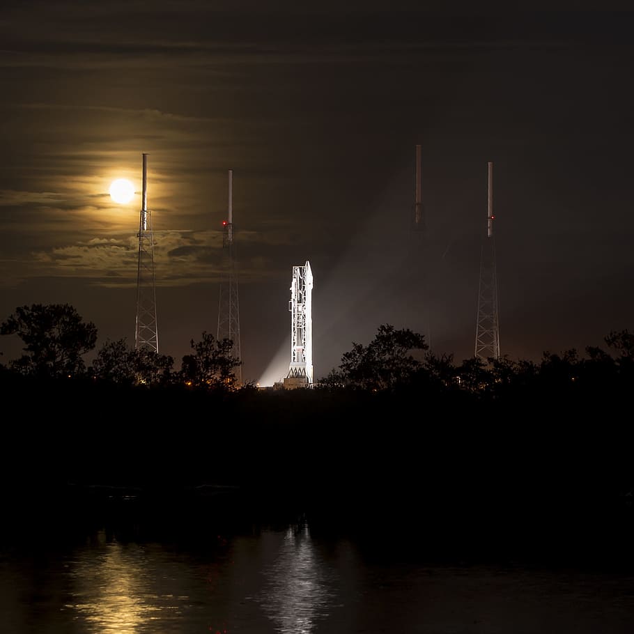 launch, spacecraft, mission, nasa, science, water, tree, sky, illuminated, tower
