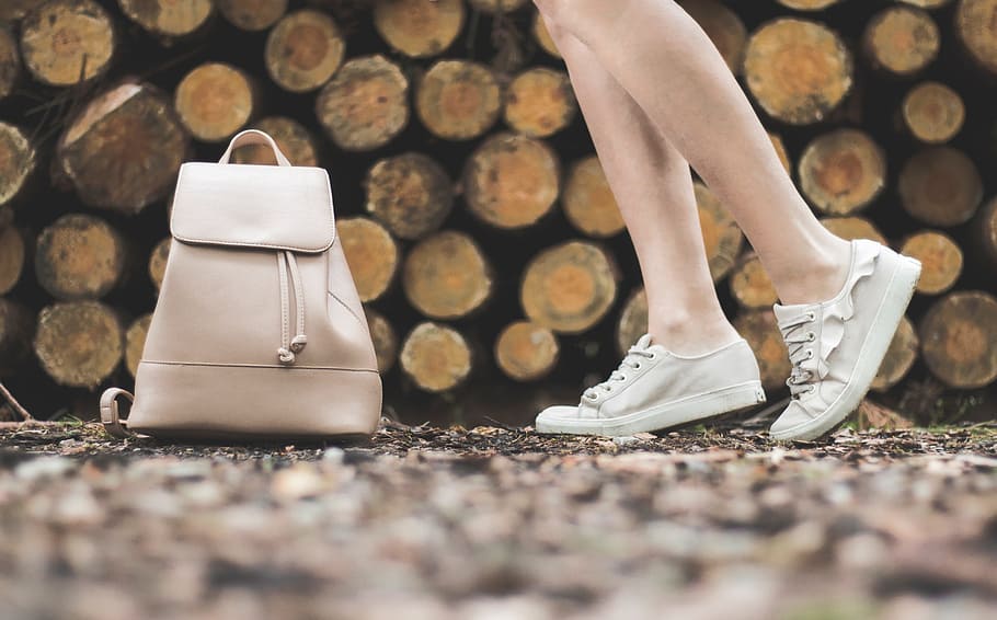 woman, white, shoes, handbag, stack, logs, forest, wood, cut, walk