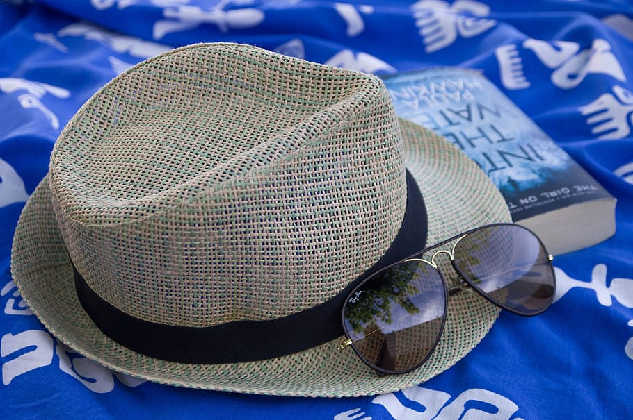 pareo, chapéu de palha, óculos de sol, sol, verão, chapéu, azul, vestuário, ninguém, óculos