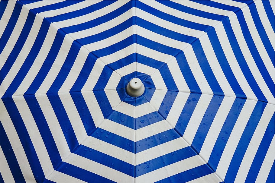 azul, branco, guarda-chuva, padronizar, listrado, quadro completo, forma, forma geométrica, dentro de casa, fundos