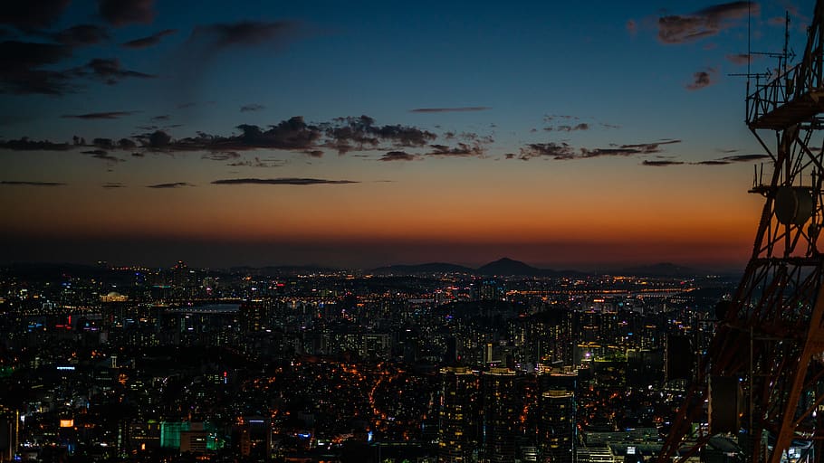 namsan, seoul, korea, matahari terbenam, langit, kota, malam, pemandangan, arsitektur, eksterior bangunan