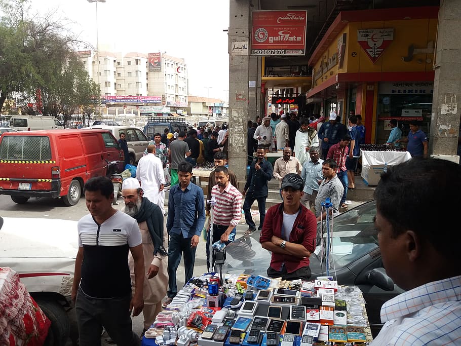 street, sellers, phones, electronics, sidewalk, people, saudi, arabia, real people, men
