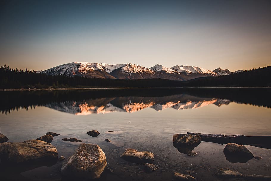 montañas, montaña, jaspe, naturaleza, tierra, Canadá, lago, agua, escénico, puesta de sol