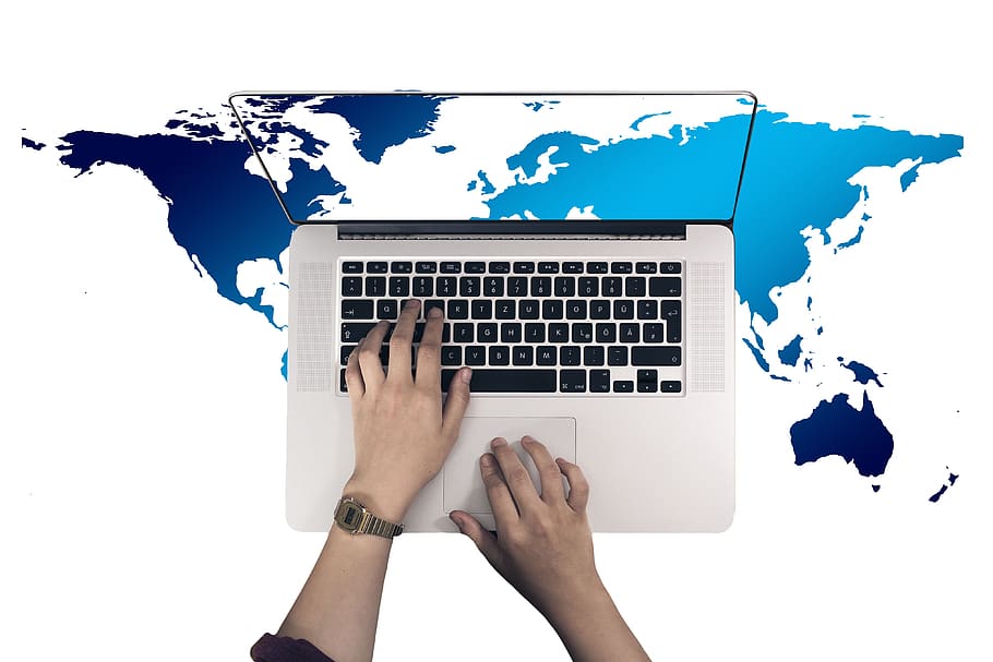 laptop, hand, write, internet, network, social, social network, continents, globe, map of the world