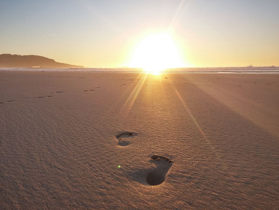 sun, beach, sea, sand, sky, dusk, twilight, ferrol, galicia, footprints