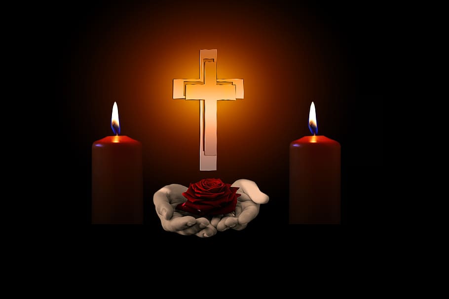 cruz, manos, rosa, velas, luto, trauerkarte, pascua, condolencias, morir, funeral