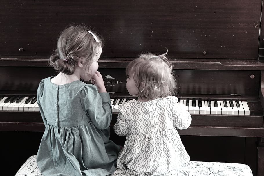 musik, piano, musisi, anak, masa kecil, anak perempuan, wanita, peralatan musik, alat musik, dua orang