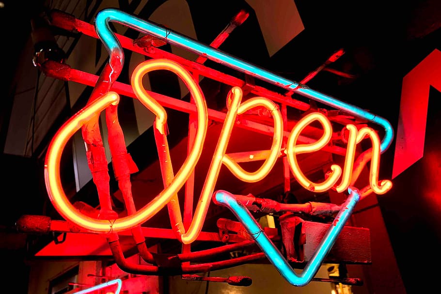 tanda neon terbuka, berbagai, bar, neon, tanda, tipografi, diterangi, komunikasi, malam, merah