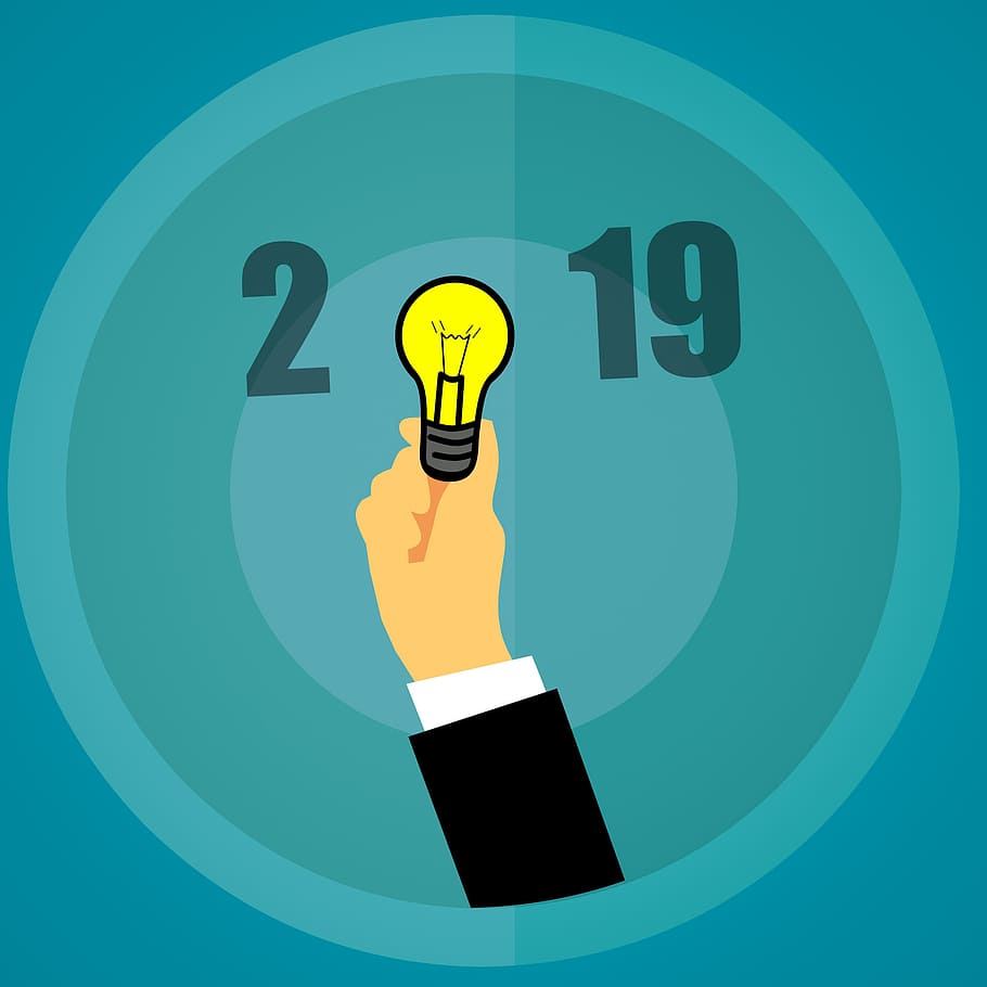 ilustrasi, baru, ide, tahun, tahun baru, 2019, bulb, kreativitas, desain, datar