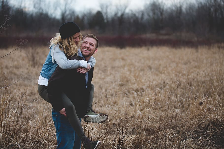 man, carrying, woman, field, forest, happy, smile, love, couple, male