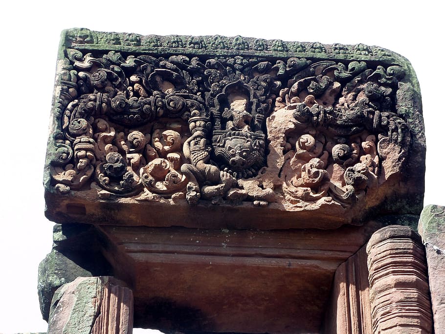 kuno, ukiran hindu, 700 tahun, tua, reruntuhan candi, didedikasikan, dewa shiva, terletak, roi-et thailand, hindu