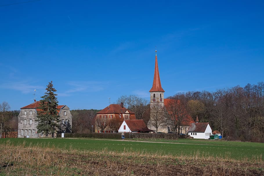 church, steeple, village, beer creek, st egidien, middle franconia, rural, landscape, architecture, built structure