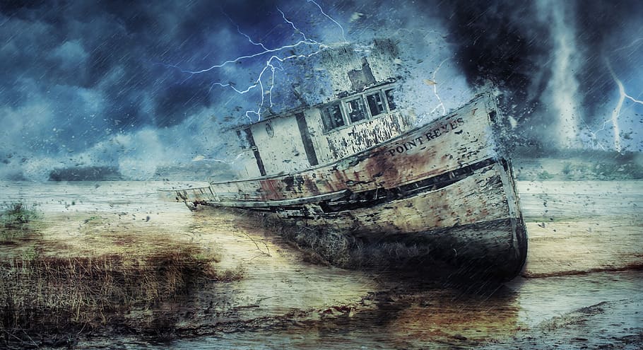 boat, wreckage, storm, tornado, lightening, bad weather, rain, destruction, rotten, abandoned