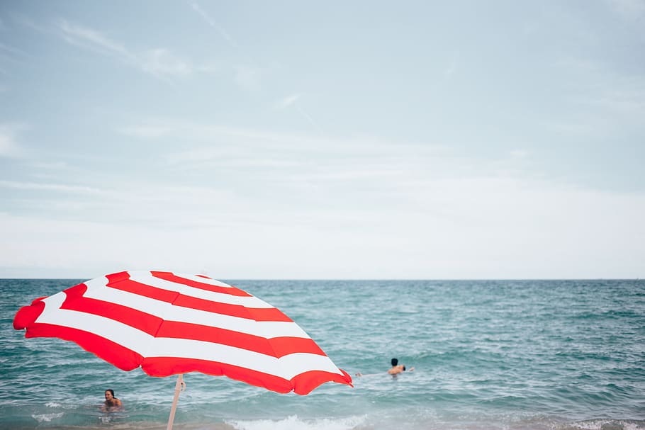 beach umbrella, people, background, Bay, Blue, Cloud, Coast, Holiday, Horizon, Ocean
