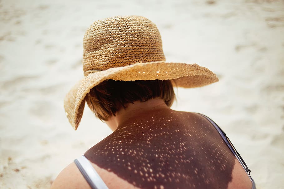 areia, praia, pessoas, senhora, menina, mulher, chapéu, sombra, uma pessoa, vista traseira