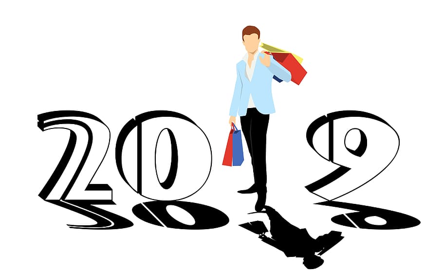 ilustração, pessoa comprando, maneira, novo, ano, 2019, ano novo, moda, compras, bolsas