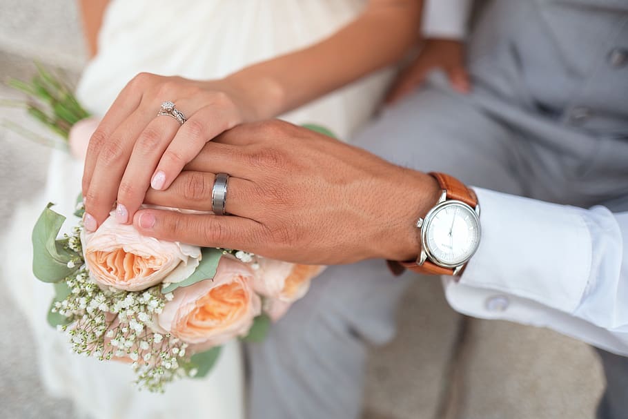pengantin wanita, pasangan, pengantin pria, tangan, berpegangan tangan, cinta, pria, pernikahan, orang, kepercayaan