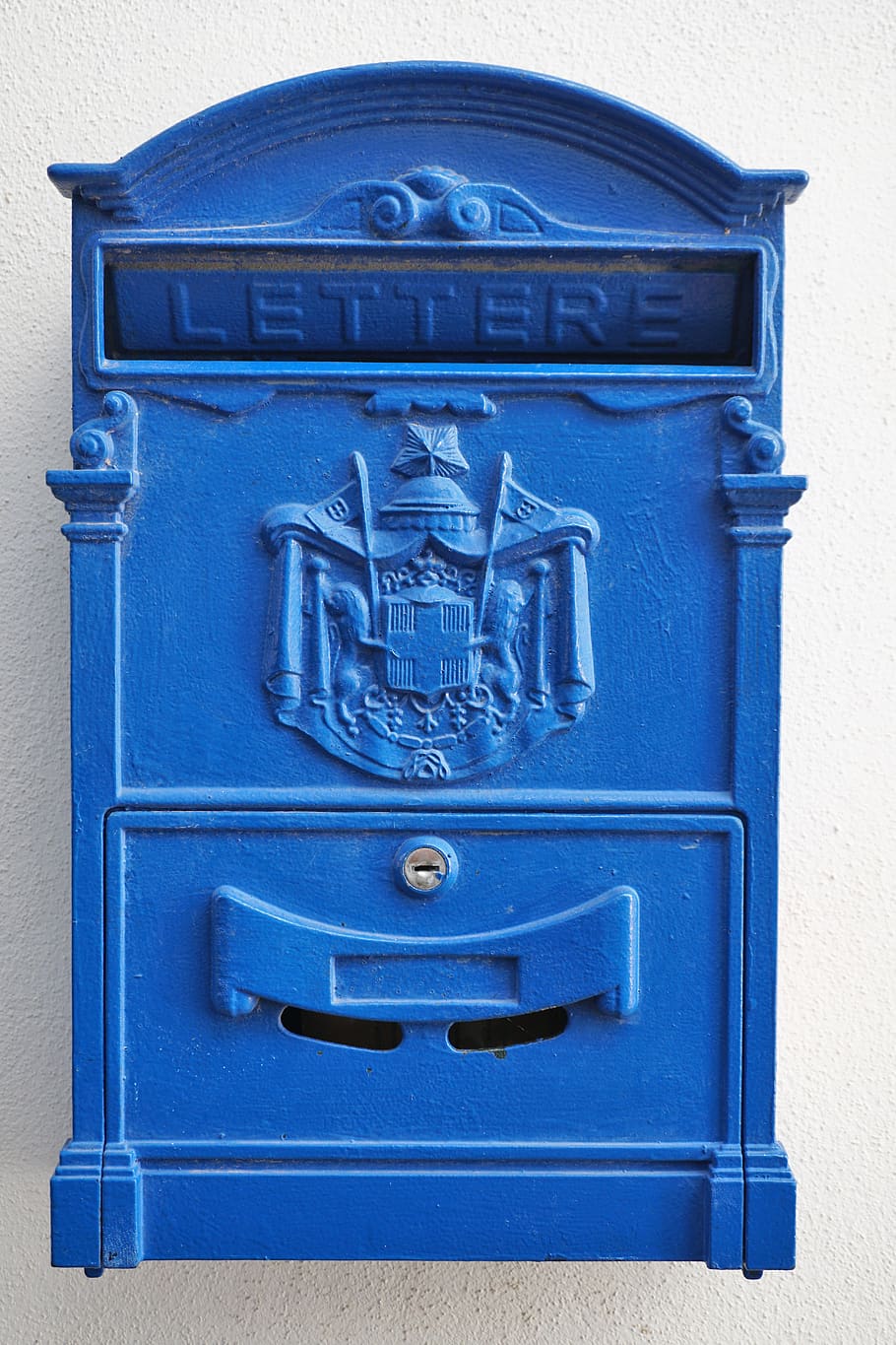 mailbox, letter boxes, post, metal, letter box, mail box, post einwurf, blue, wall, letter