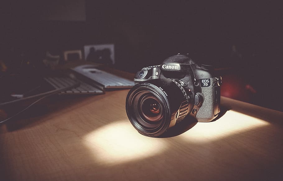 camera, lens, accessory, photography, sunlight, wooden, table, office, technology, photography themes